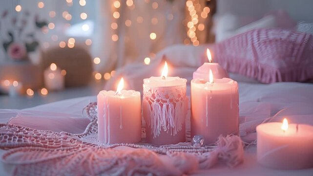 A whimsical bohemian bedroom filled with soft pink candles of different shapes and sizes. The candles are nestled a dainty lace dream catchers creating a dreamy and ethereal atmosphere