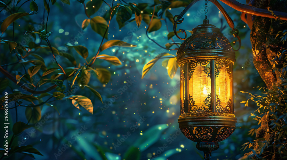 Poster vintage lantern hangs from a tree branch, emitting a cozy light in the heart of a mystical enchanted