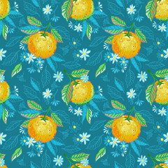 Vector hand drawn orange fruits seamless pattern. Illustrations of bright citrus fruits, oranges and flowers on dark background