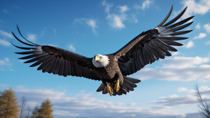 A single bald eagle soaring through the air with a background of blue sky during the middle of the day 