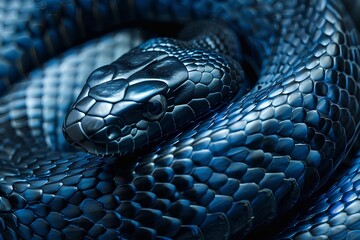A close-up of the dark blue snake's scales, each scale is glossy and textured with intricate patterns, creating an almost black appearance