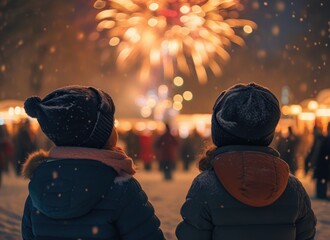 Children watching fireworks display during winter night. Outdoor celebration. Winter holiday and festive season concept. Design for poster, banner, greeting card, invitation, postcard.
