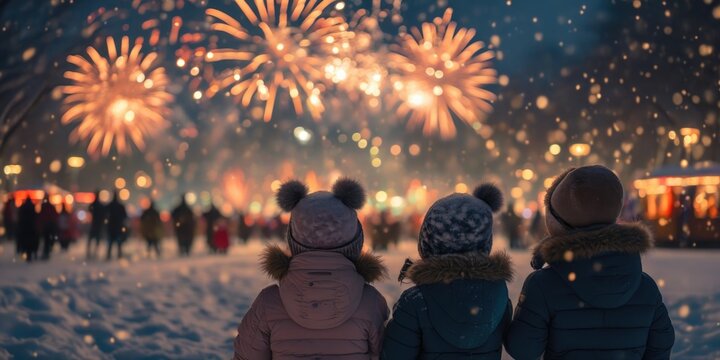 Children watching fireworks display during winter night. Outdoor celebration. Winter holiday and festive season concept. Design for poster, banner, greeting card, invitation, postcard.