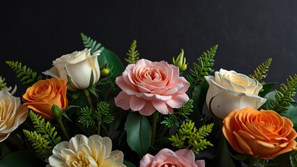 Beautiful artificial flowers bouquet isolated on black background with copy space for greetings