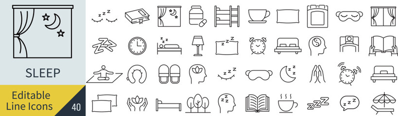 線の編集ができる睡眠に関するアイコンセット（アウトライン化していない）