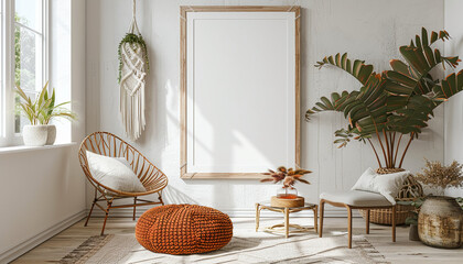 Bohemian living room macrame accents with empty frame