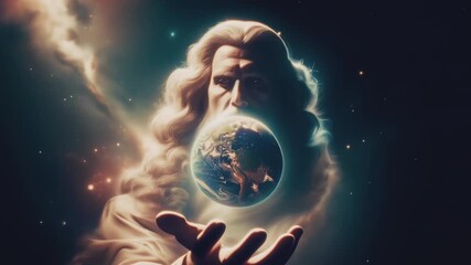 Genesis, creation of world. God creating or watching over earth, holding it in his hand among the universe. Religious Christian illustration.