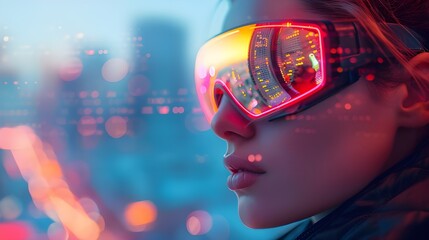 Futuristic Vision in Neon Lights: Woman with High-Tech Eyewear in Vibrant Cityscape