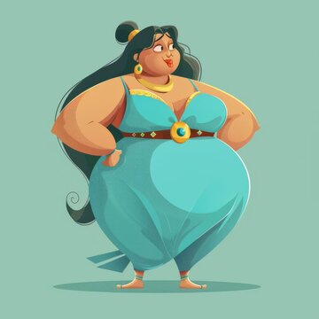 recommend clip art: Cartoon character Jasmin reimagined as an overweight woman, dressed in turquoise with a gold belt, minimalist sticker style clipart