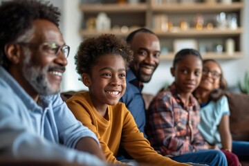 Obraz premium African American Family Comes Together for Group Video Chat in Cozy Living Room