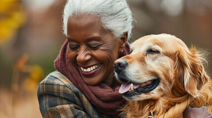Elderly woman with gray hair enjoying time with her pet dog