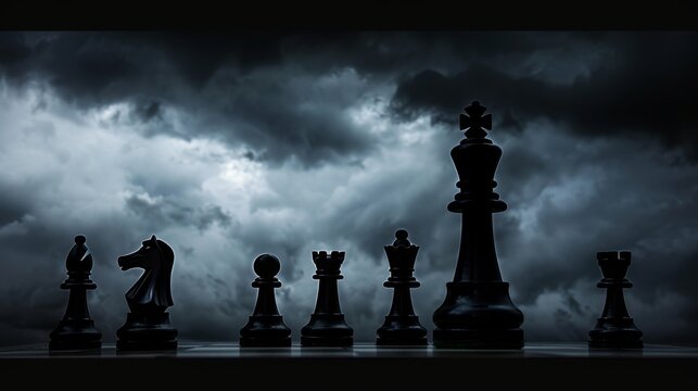 A line of chess pieces, including the king, knight, bishop, rook, and queen, stand in silhouette against a dramatic backdrop of storm clouds. This image symbolizes strategy, leadership, challenge, and