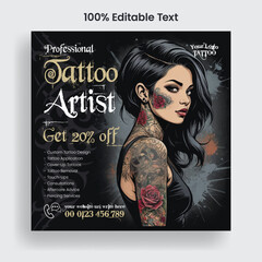 Professional Tattoo Studio Square Flyer Template for Social Media Post, Editable Poster Design, Ink Art Advertising, Tattoo Artist Salon Promotion, and Body Art Creative Banner Template