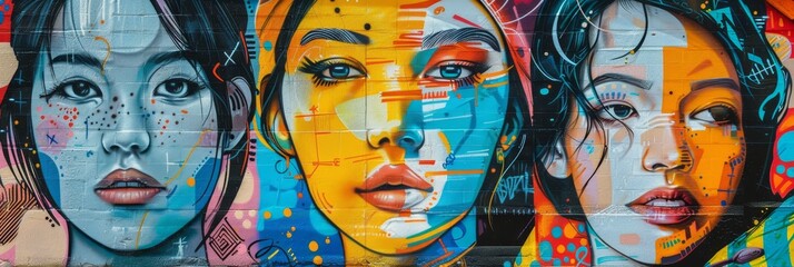 Obraz premium A vibrant street art mural features three women's faces painted in bold colors, symbolizing diversity, expression, and urban culture.