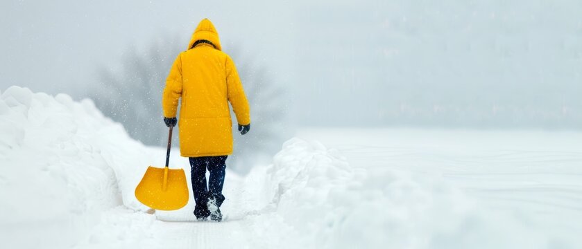  A person, clad in a yellow coat, traverses the snowy landscape, carrying a yellow snow shovel and a yellow snowbag