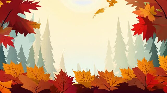 Autumn forest in animation design with colorful falling leaves. Fall season. Orange colors. Autumn season with leaves pattern animation. Autumn season decorative animation. Beauty in nature landscape