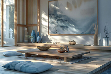 Creating a Serene Japanese-Inspired Living Room with Minimalist Elements: Low Wooden Table, Floor Cushions, Bamboo Mat, Abstract Ink Art, and Personal Keepsakes.