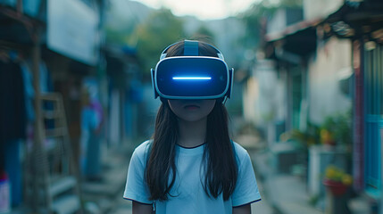 Girl using VR headset in an outdoor setting for an immersive experience