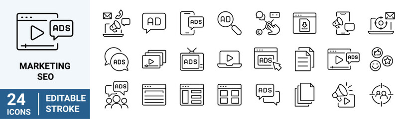 Marketing and Seo line web icons Digital marketing. Containing seo, content, website, social media. Editable stroke.