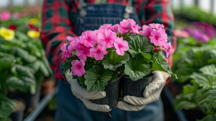 Horticulturist with colorful flowering plants