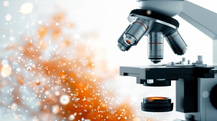 Close-up of microscope, scientist working in background, clinical lab setting