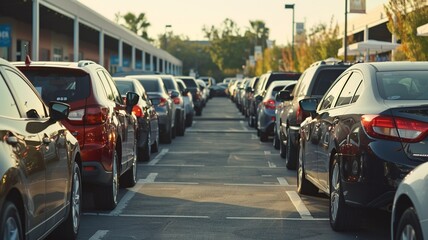 A bustling outdoor parking lot displays a mix of sedans, SUVs, and trucks available for sale and rent. Informative signs about the dealership and rental services are present