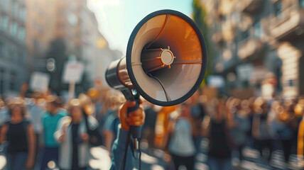 Gripping megaphone with conviction, amplifying voice in powerful protest demonstration Vertical Mobile Wallpaper, Amplified Resistance: Gripping Megaphone in Vertical Mobile Wallpaper
