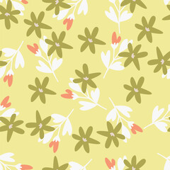 Hand drawing floral seamless pattern with cotton twigs and berries bouquets on a beige background. Winter Christmas themed background. Botanical illustration.