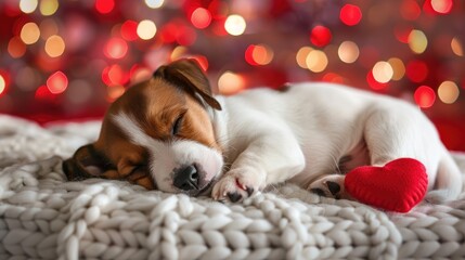 Jack Russell puppy sleeping on bed with heart on festive background Valentine s Day theme Textarea for message