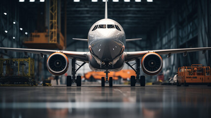 Fototapeta premium A medium shot showing the main landing gear of a modern large commercial airplane standing in a hangar during day-time 