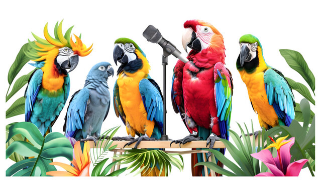 Colorful true parrot dressed as a talkshow host isolated on a transparent background, PNG