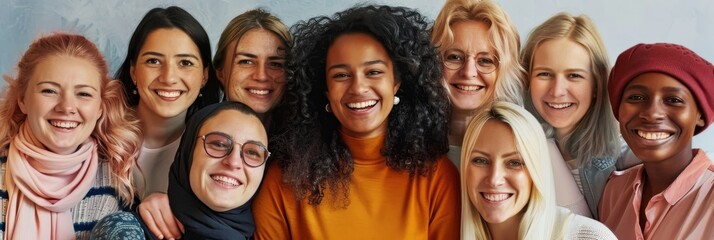 A group of diverse women of different ages, ethnicities, and styles, smiling brightly and looking at the camera. The photo symbolizes friendship, unity, inclusivity, diversity, and female empowerment.