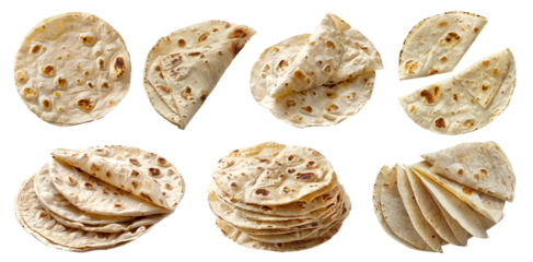 Tortilla tortillas flatbread bread bun on transparent cutout, PNG file. Many assorted different angles, stack, pile, fold. Mockup template for artwork design