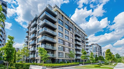 Fototapeta premium Modern Apartment Building with Blue Sky and Clouds
