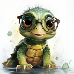 Obraz premium Watercolor Cute little green turtle with glasses in front of studio, clipart Illustration, Generative Ai