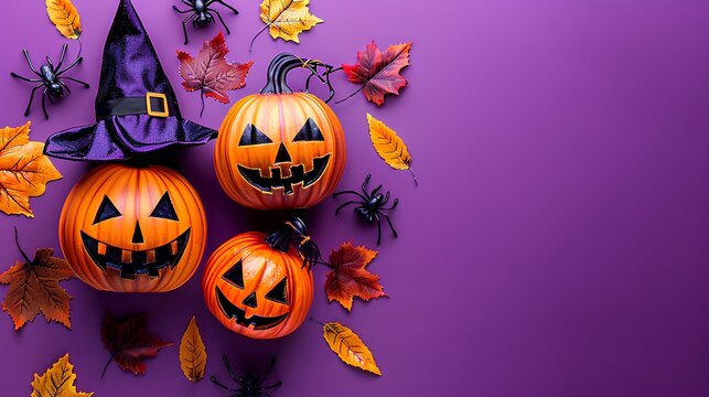 Halloween pumpkins, a witch's hat and leaves on a purple background with copy space for text. A Halloween concept scene. Happy Halloween rural day banner