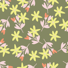 Hand drawing floral seamless pattern with cotton twigs and berries bouquets on a beige background. Winter Christmas themed background. Botanical illustration