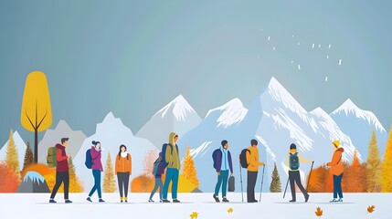 Fototapeta premium Group of People Hiking in Mountains with Autumn Foliage