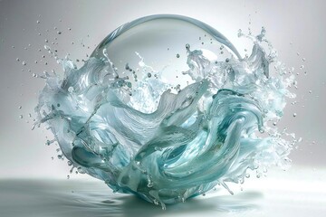 Title: Fluid Dance: Dynamic Droplets Suspended in an Ethereal Aqua Orb on a White Canvas