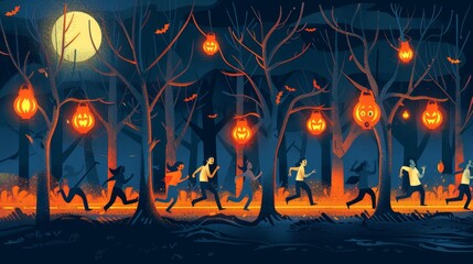 A group of people run through a dark forest lit by jack-o-lantern lights, symbolizing Halloween festivities, spooky atmosphere, autumn, excitement and adventure.