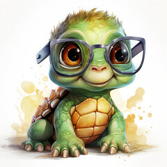 Obraz premium Watercolor Cute little green turtle with glasses in front of studio, clipart Illustration, Generative Ai