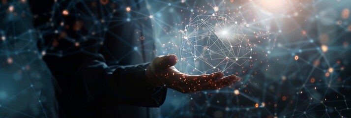 A hand holds a glowing sphere of interconnected lines, representing global networking, digital communication, and the flow of information.