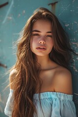 Fototapeta premium Ultra-sharp photo depicting a woman in a light-colored bathroom applying natural organic cosmetics