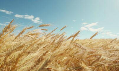 Golden wheat field swaying in the breeze under a clear summer sky, evoking the abundance of nature's bounty