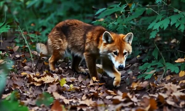 Red Wolf Stalking in Leafy Forest