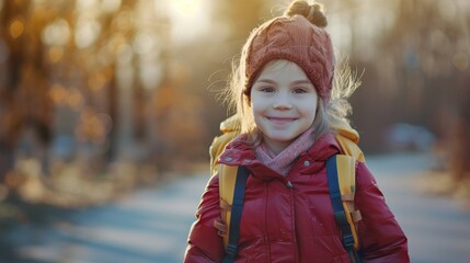 A young girl smiles brightly while hiking in the woods, wearing a red jacket, a knitted hat, and a yellow backpack, symbolizing adventure, youth, nature, exploration, and joy.