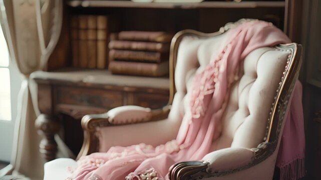 The ornate desk chair is dd in a blush pink throw beckoning you to sit and pen your most heartfelt thoughts. A stack of leatherbound journals sits neatly on the shelf behind it.