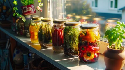 A row of glass jars filled with colorful pickled vegetables on a windowsill bathed in warm sunlight, symbolizing homemade food, healthy eating, preservation, summer harvest, and traditional kitchen.