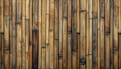 Close-up texture of a rustic bamboo wall, featuring natural wood tones and a weathered look.