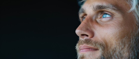 Obraz premium A man with a beard and blue eyes gazes seriously into the distance in this close-up image